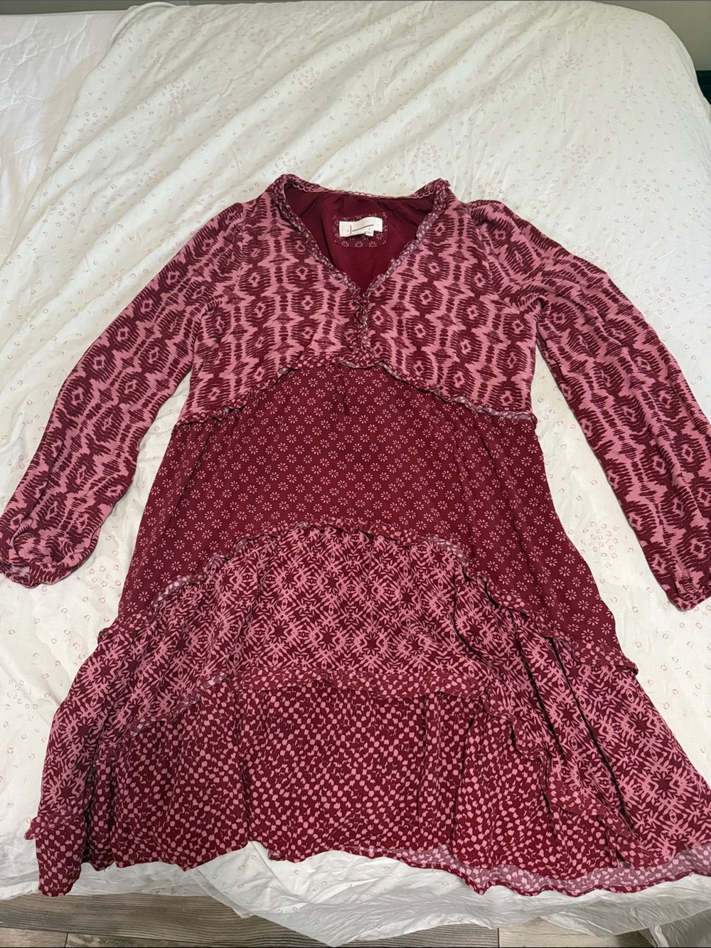Burgundy Patterned Tiered Dress